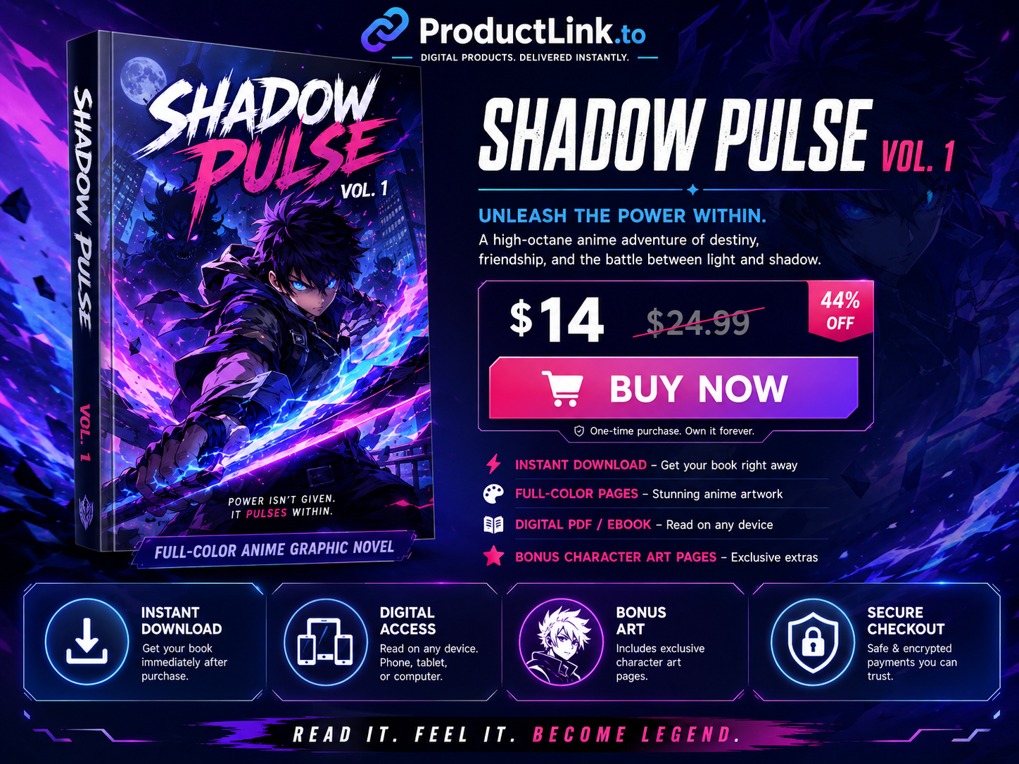 Anime ebook ProductLink sales page preview for Shadow Pulse with instant digital download and buy now section